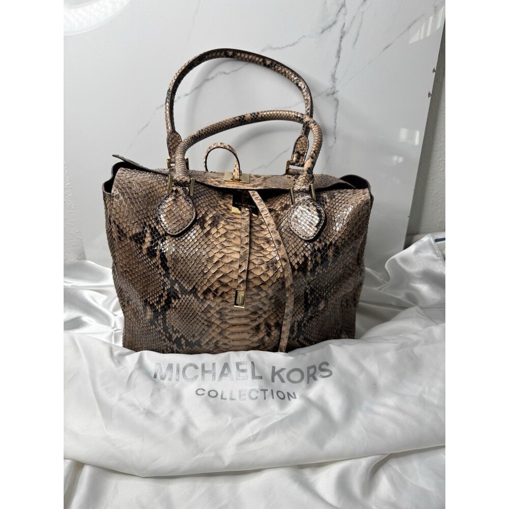 RARE 2015 Michael Kors Collection Brown Black Large Miranda Python Leather Tote - Picture 2 of 16